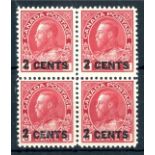 1926 2c on 3c carmine block of 4 U/M, fine.