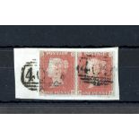 1841 1d red pair on small piece cancelled with Jersey 409 numeral.