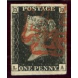 1840 1d black, plate 5, L-A, used with red maltese cross, 4 margins, expertised on reverse, fine.