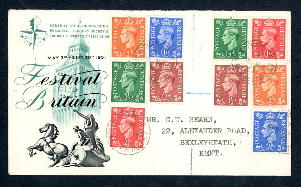 1951 Festival Low Values set (with pale colours values being replaced) on PTS/BPA FDC with Charlton