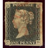 1840 1d black, C-D, F/U with red maltese cross, 4 margins, paper adherence on reverse.