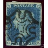 1840 2d blue, G-K, used with black maltese cross, 4 margins, fine.