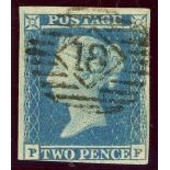 1841 2d violet-blue (1851), plate 4, P-F, used, close at bottom left corner. With 1987 Brandon Cert.