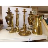 TWO PAIRS OF HEAVY CANDLESTICKS, PAIR TABLE LAMPS, CHAMBERSTICKS AND JUG