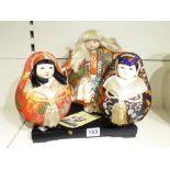 THREE JAPANESE DOLLS KABUKI DORUMA AND ONE IN KIMONO