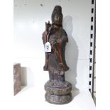 ORIENTAL BRONZED FIGURE WITH RED GILT DECORATION TO THE ROBE 48 CMS