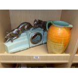 A SHELLEY JUG (26CM HIGH) AND AN ART DECO CERAMIC CLOCK CASE ADORNED WITH A METAL PANTHER