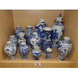 13 CHINESE BLUE AND WHITE VASES OF VARIOUS SIZES MANY WITH CHARACTER MARKS TO THE BOTTOM AND SOME