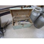 A SMALL PAINTED TOOL BOX AND TOOLS