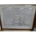 A SIGNED SKETCH OF A TWO MASTED SHIP AT SEA INDISTINCTLY SIGNED AND FRAMED 62CM BY 46CM