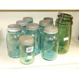 10 BLUE AND GREEN GLASS STORAGE JARS