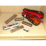 MINIATURE VIOLIN IN CASE AND FIVE HARMONICA'S