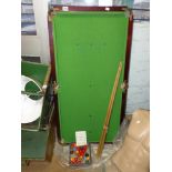 TABLETOP BILLIARDS TABLE WITH SOME ORIGINAL BALLS, TRIANGLE AND INSTRUCTIONS SHEET, 25 INS X 50 INS