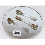 PAIR OF GEORGE 111 SILVER MUSTARD SPOONS AND A VICTORIAN SILVER SPOON 38 GRAMS