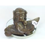 BRONZED SPLTER INKWELL DEPICTING A HUNTING DOG HOLDING A DUCK NO LINER 26 X 11 CMS