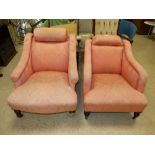 2 VICTORIAN UPHOLSTERED SCROLL BACK EASY CHAIRS