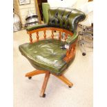 GREEN LEATHER BUTTON BACK CAPTAINS SWIVEL CHAIR