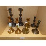 COLLECTION OF CANDLESTICKS INCLUDING VICTORIAN PEWTER AND BRASS