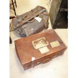 LARGE VINTAGE GLADSTONE BAG WITH LEATHER SUITCASE WITH LUGGAGE LABELS