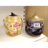 A VICTORIAN ETCHED GLASS BISCUIT BARREL TOGETHER WITH A BESWICK "SUNDIAL" BISCUIT BARREL, THE