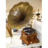 REPRODUCTION HMV WIND UP GRAMOPHONE WITH RECORDS