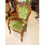 VICTORIAN STYLE CARVED FRAME OPEN ARM CHAIR