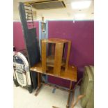 20TH CENTURY OAK STRETCHER TABLE, A WALNUT AND OAK BOOK TABLE & SIDEBOARD MIRROR