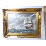 A 20TH CENTURY OIL ON CANVAS OF SAILING SHIPS IN ROUGH SEAS, IN GILT FRAME INDISTINCTLY SIGNED (