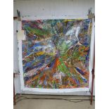 A LARGE ALKYD ACRYLIC PAINTED CANVAS THOUGHT TO BE BY JACKSON POLLOCK AND ACCOMPANIED BY A LETTER