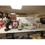 A BLUE AND GILT DECORATED EWER JUG AND A SELECTION OF ORNATE CERAMICS