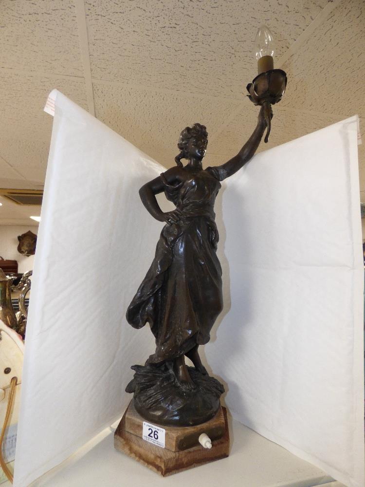 A LATE 19TH CENTURY SPELTER FIGURE LAMP 57CM HIGH