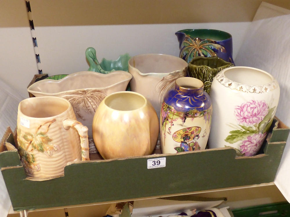 A FREDERICK RHEADE VALDA VASE, A SYLVAC STORK JUG AND MIXED DECORATIVE VASES INCLUDING A BESWICK