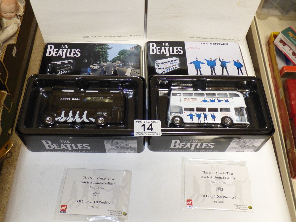 TWO BEATLES DIE CAST BUSES IN TINS AND BOXES