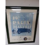 A CLUB DE L'AUTO PARIS DEAUVILLE RALLY POSTER OCTOBER 1985 FRAMED AND WITH METAL BADGE DECORATION