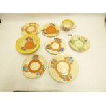 SEVEN PIECES OF CLARICE CLIFF CROCUS PATTERN CERAMICS, COMPRISING BOWL, THREE SAUCERS, TEACUP,