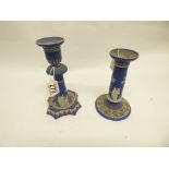 TWO 19TH CENTURY WEDGEWOOD BLUE AND WHITE JASPERWARE CANDLESTICKS 17 AND 20 CMS