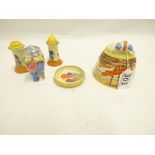 A CLARICE CLIFF HONEY PRESERVE POT (LID AF) PAIR CROCUS PATTERN SALT AND PEPPER SHAKERS, CROCUS