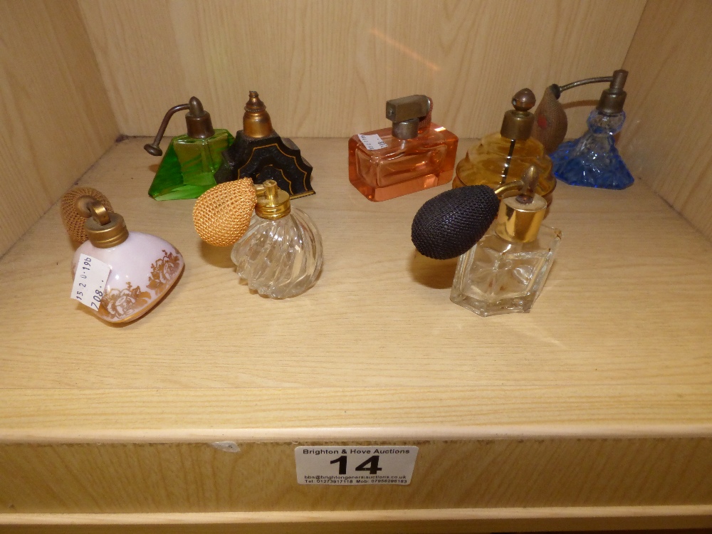 GROUP OF EIGHT VINTAGE PRETTY GLASS SHAPED SCENT BOTTLES SOME WITH ORIGINAL ATOMISERS