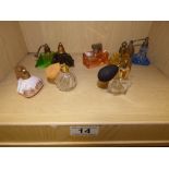 GROUP OF EIGHT VINTAGE PRETTY GLASS SHAPED SCENT BOTTLES SOME WITH ORIGINAL ATOMISERS