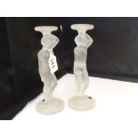 A PAIR OF FROSTED GLASS FEMALE FIGURAL CANDLESTICKS POSSIBLY RUSSIAN, 22CM HIGH