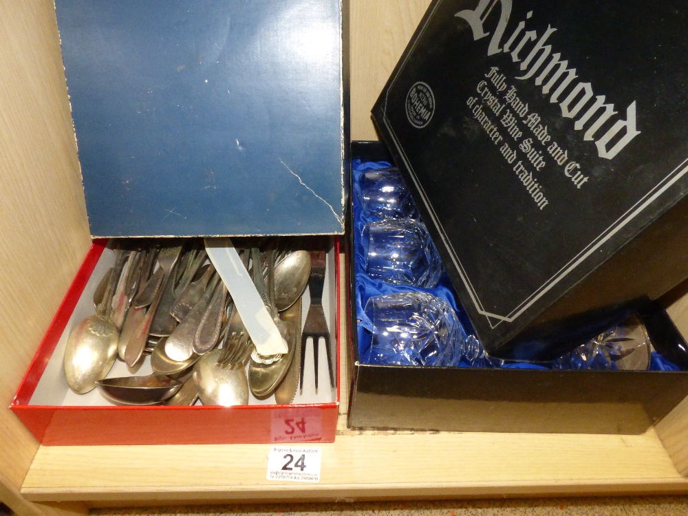 SET OF CUT GLASS BRANDY GLASSES AND A QUANTITY OF MIXED CUTLERY