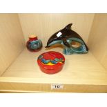 A VINTAGE POOLE POTTERY DOLPHIN, POOLE ODYSSEY POWDER BOX AND SMALL POOLE VASE