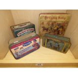 FOUR VINTAGE TINS INCLUDING SOVEREIGN TOFFEES AND MEREDITH DREW OLD ENGLISH MEDLEY