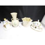 2 BELLEEK VASES AND 2 COALPORT PORCELIN PASTILLE BURNERS