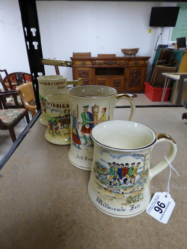 FOUR CROWN DEVON MUSICAL TANKARDS INCLUDING WIDDECOMBE FAIR