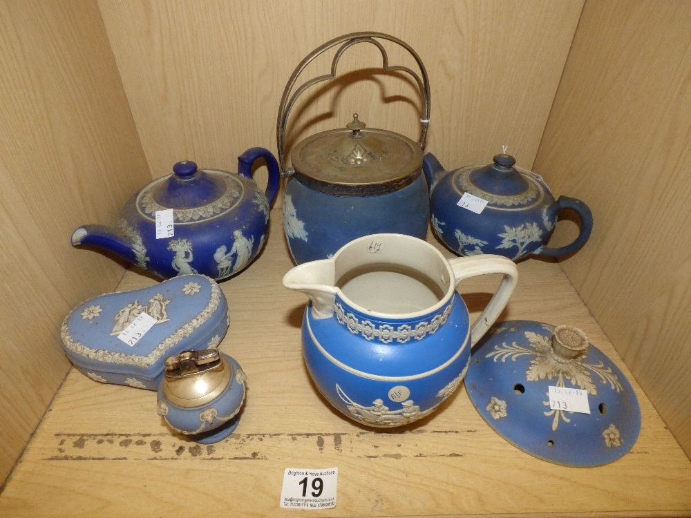 TWO WEDGWOOD BLUE AND WHITE JASPER WARE TEAPOTS, A WEDGWOOD BISCUIT BARREL, A COPELAND SPODE JUG AND
