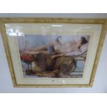 A PRINT OF A CLASSICAL RECLINING NUDE IN A DISTRESSED GILT FRAME 96CM BY 74CM