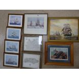 AN ASSORTMENT OF NINE PICTURES OF SHIPS AND MAPS, ALL FRAMED