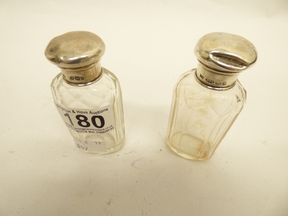 TWO SILVER TOPPED GLASS BOTTLES, 9CM HIGH - Image 4 of 4