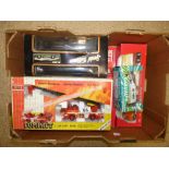 A METAL DIE CAST FIRE ENGINE IN BOX AND OTHER BOXED TOYS, TANKERS AND LORRIES